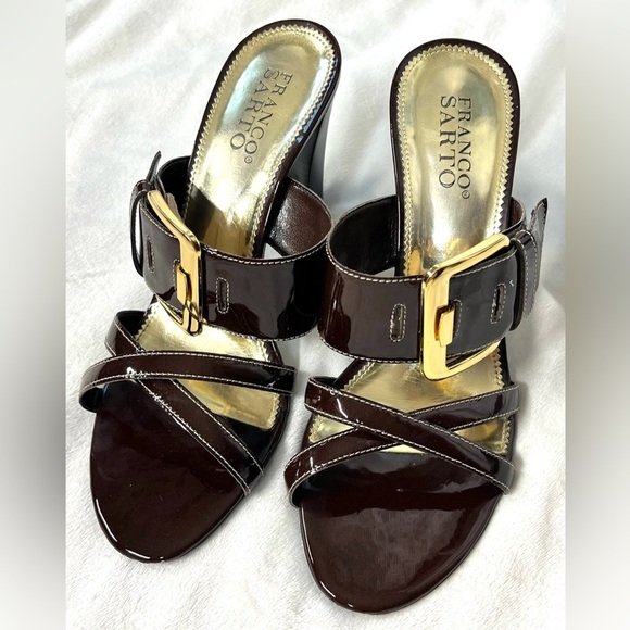 Franco Sarto Women’s Dark Brown Mules Heels with Gold Buckle Accents Size 8 - Picture 1 of 12